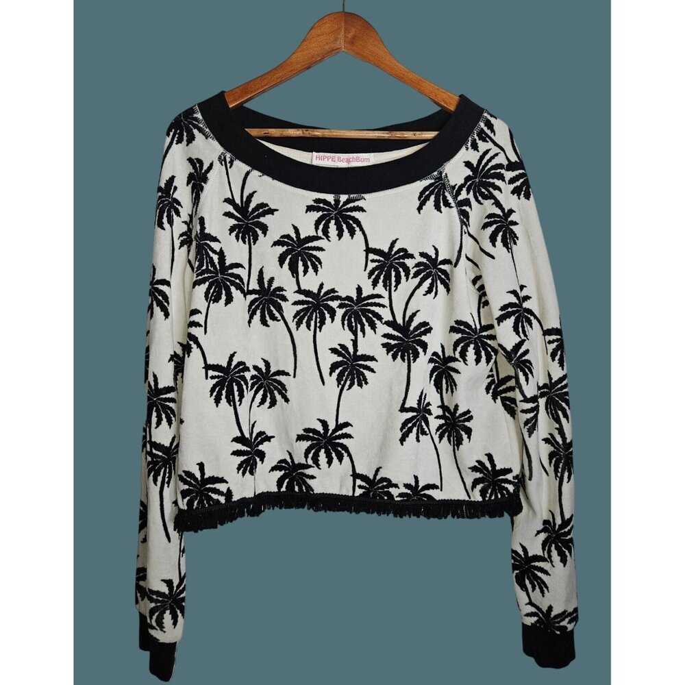 HIPPE BeachBum Palm Tree Print Velour Coastal Fringe Hem Sweater Women S